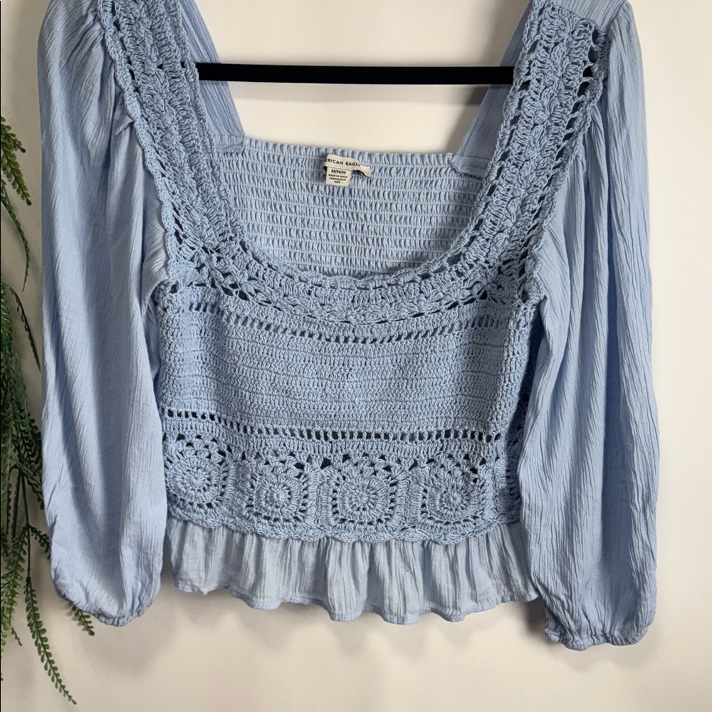 American Eagle Outfitters Light Blue Crochet Peasant Blouse